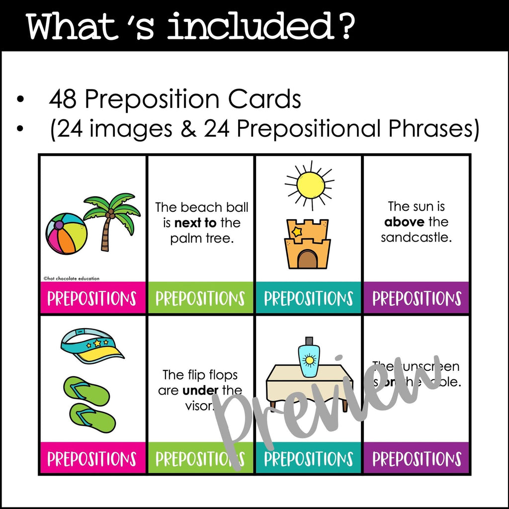 Summer Vocabulary : Prepositions of Place Card Matching Activity - Hot Chocolate Teachables