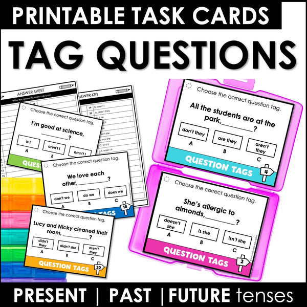 Tag Questions Task Cards - Present, Past & Future Tenses - Hot Chocolate Teachables
