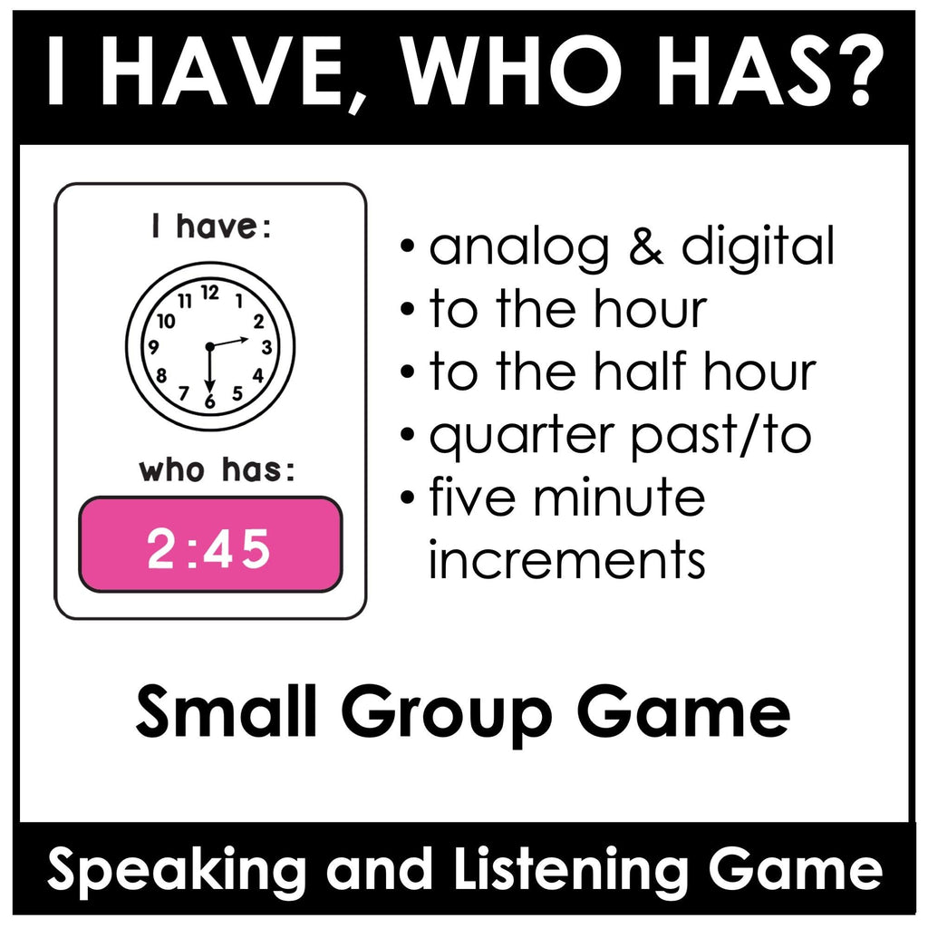 Telling the Time to the nearest 5 minutes | I have-Who has? - Hot Chocolate Teachables
