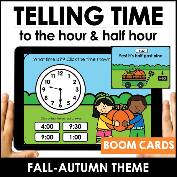 Telling Time FALL THEME BOOM CARDS™ | Analog Clock - To the hour & half hour - Hot Chocolate Teachables