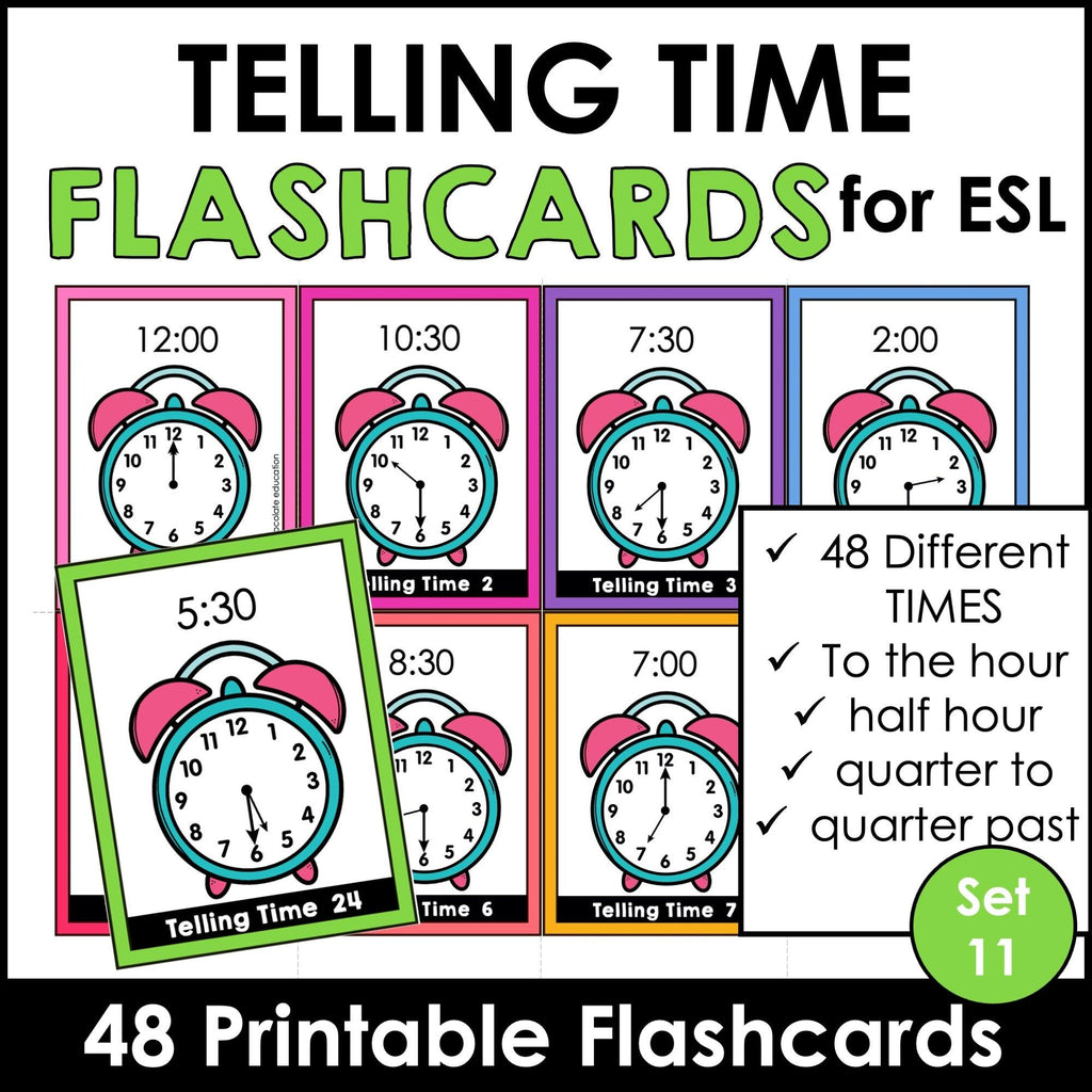 Telling Time Flashcards | ESL Task Cards - to the HOUR, HALF HOUR, QUARTER HOUR - Hot Chocolate Teachables