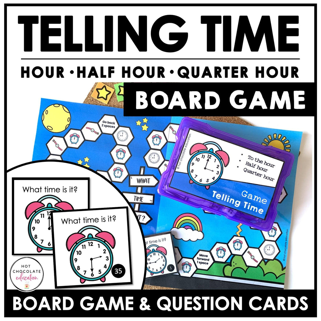 Telling Time Games BUNDLE - Hour, Half hour, quarter hour & nearest 5 minutes - Hot Chocolate Teachables