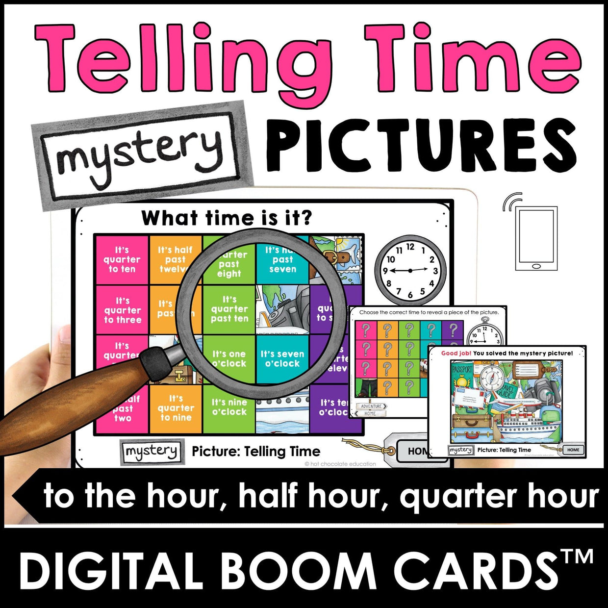 Telling time mystery picture Boom Cards for hour half hour and quarter hour review