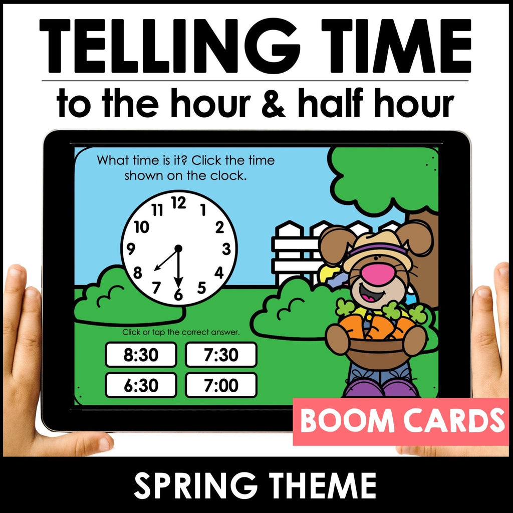 Telling Time Spring BOOM CARDS™ | Analog Clock - To the hour, half hour - Hot Chocolate Teachables