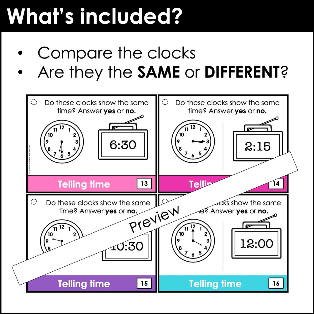Telling Time Task Cards | Comparing Clocks - Half hour & quarter hour - Hot Chocolate Teachables