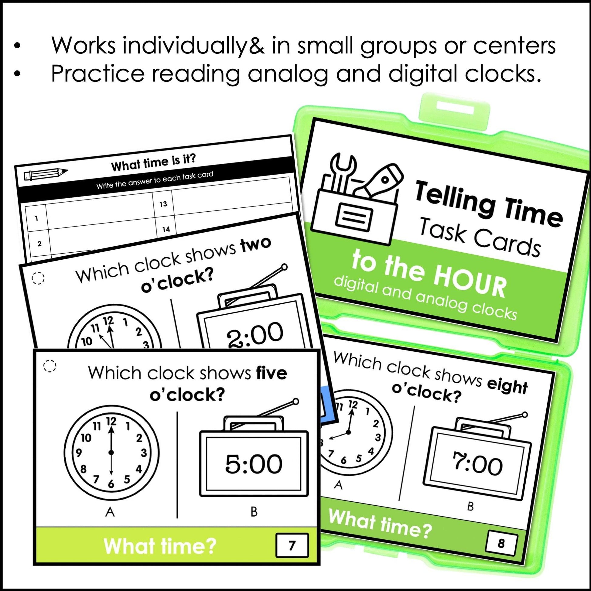 Telling Time Task Cards | To the hour - What time is it? Digital & Analog Clocks - Hot Chocolate Teachables