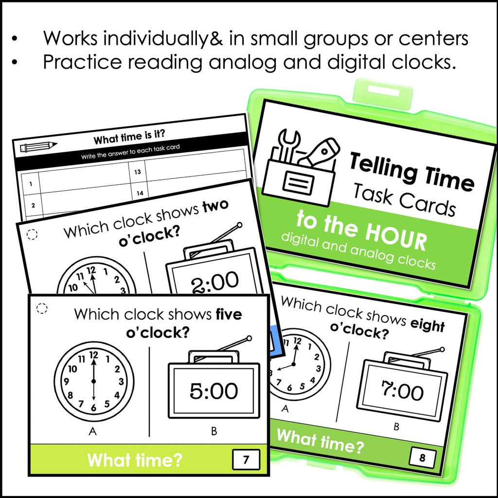 Telling Time Task Cards | To the hour - What time is it? Digital & Analog Clocks - Hot Chocolate Teachables