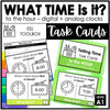 Telling Time Task Cards | To the hour - What time is it? Digital & Analog Clocks - Hot Chocolate Teachables