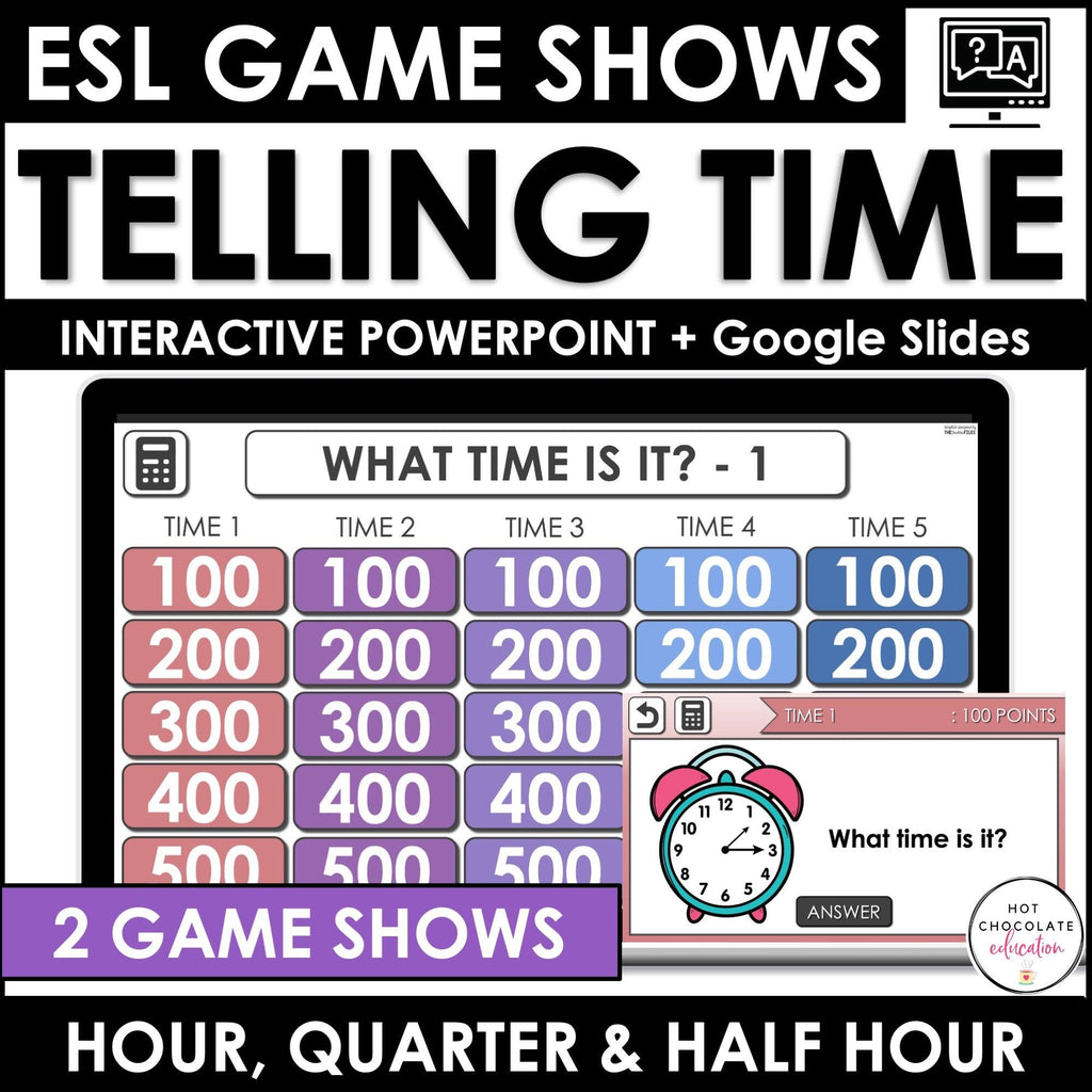 Telling TIME to the hour, half hour and 15 minutes - Interactive Game Show - Hot Chocolate Teachables