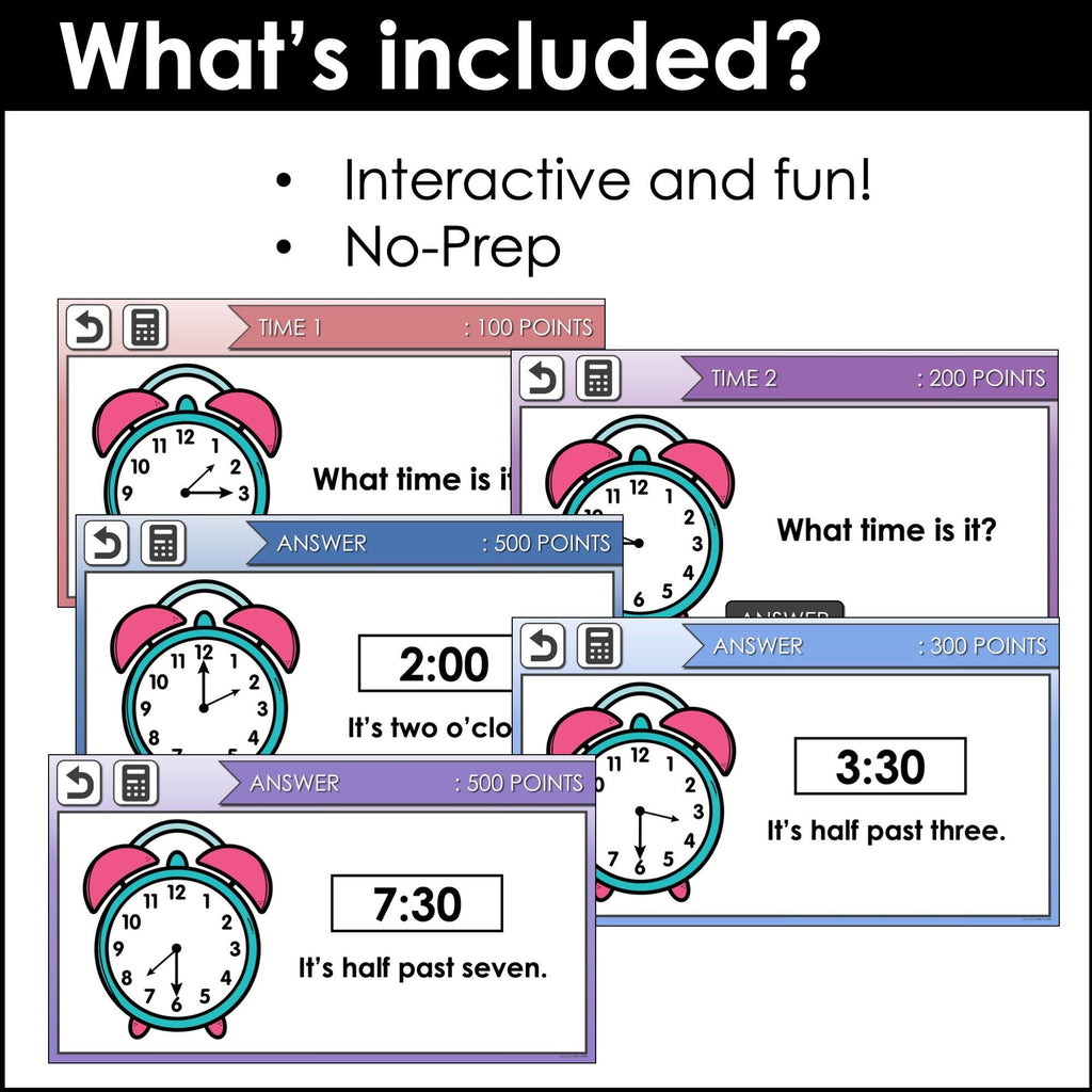Telling TIME to the hour, half hour and 15 minutes - Interactive Game Show - Hot Chocolate Teachables
