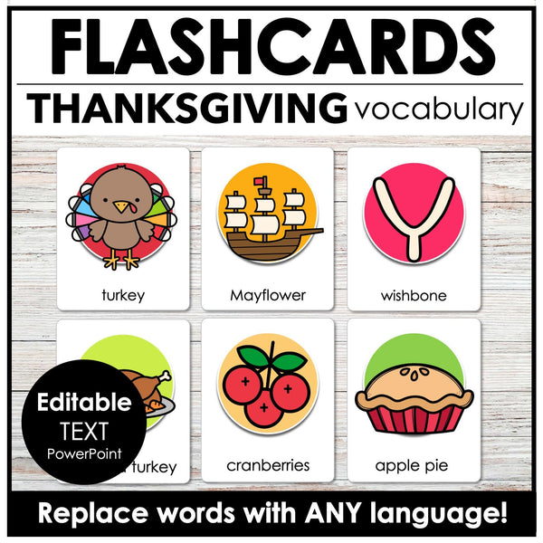 THANKSGIVING Flashcards ESL Vocabulary Flash Cards for Kids - Editable Text - Hot Chocolate Teachables