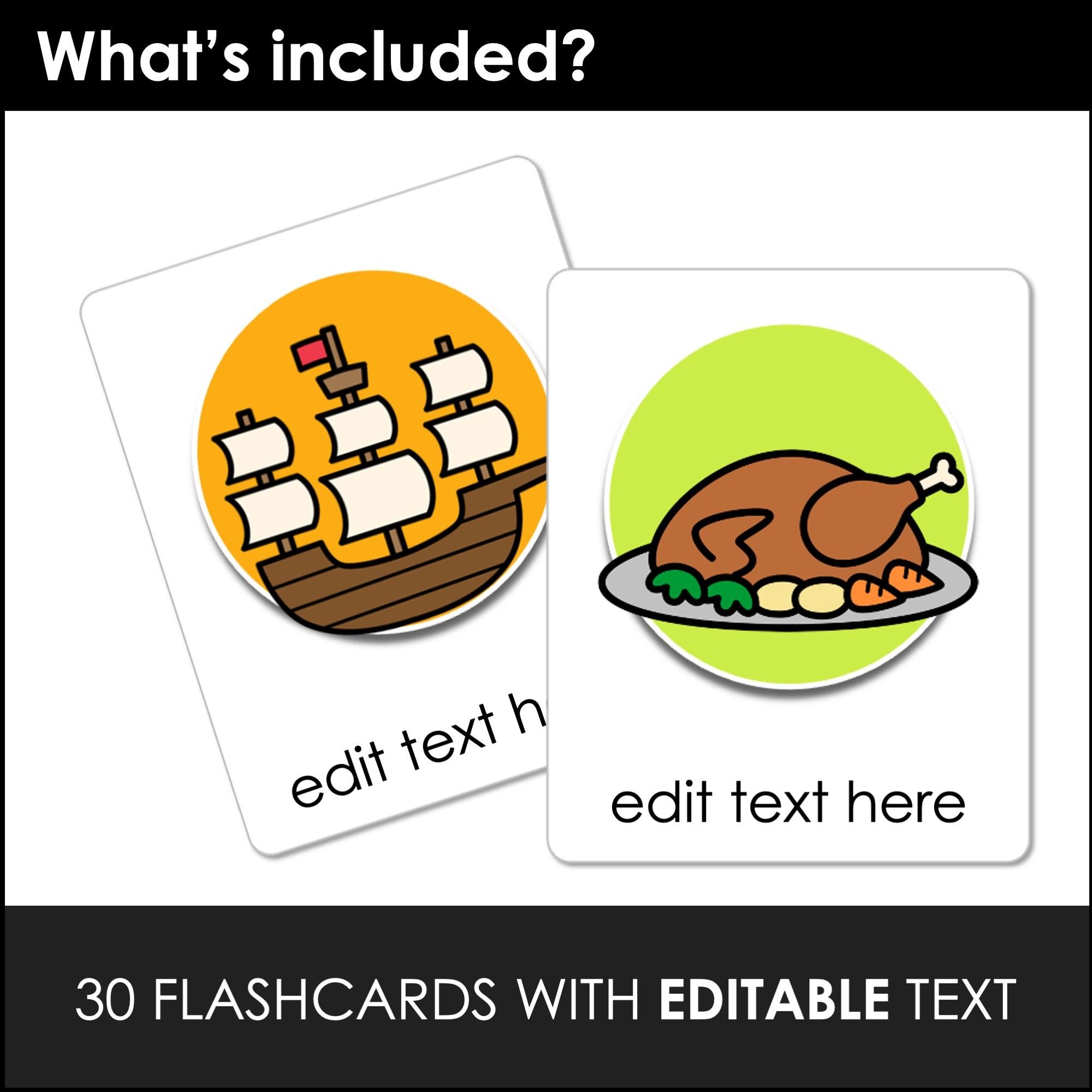 THANKSGIVING Flashcards ESL Vocabulary Flash Cards for Kids - Editable Text - Hot Chocolate Teachables