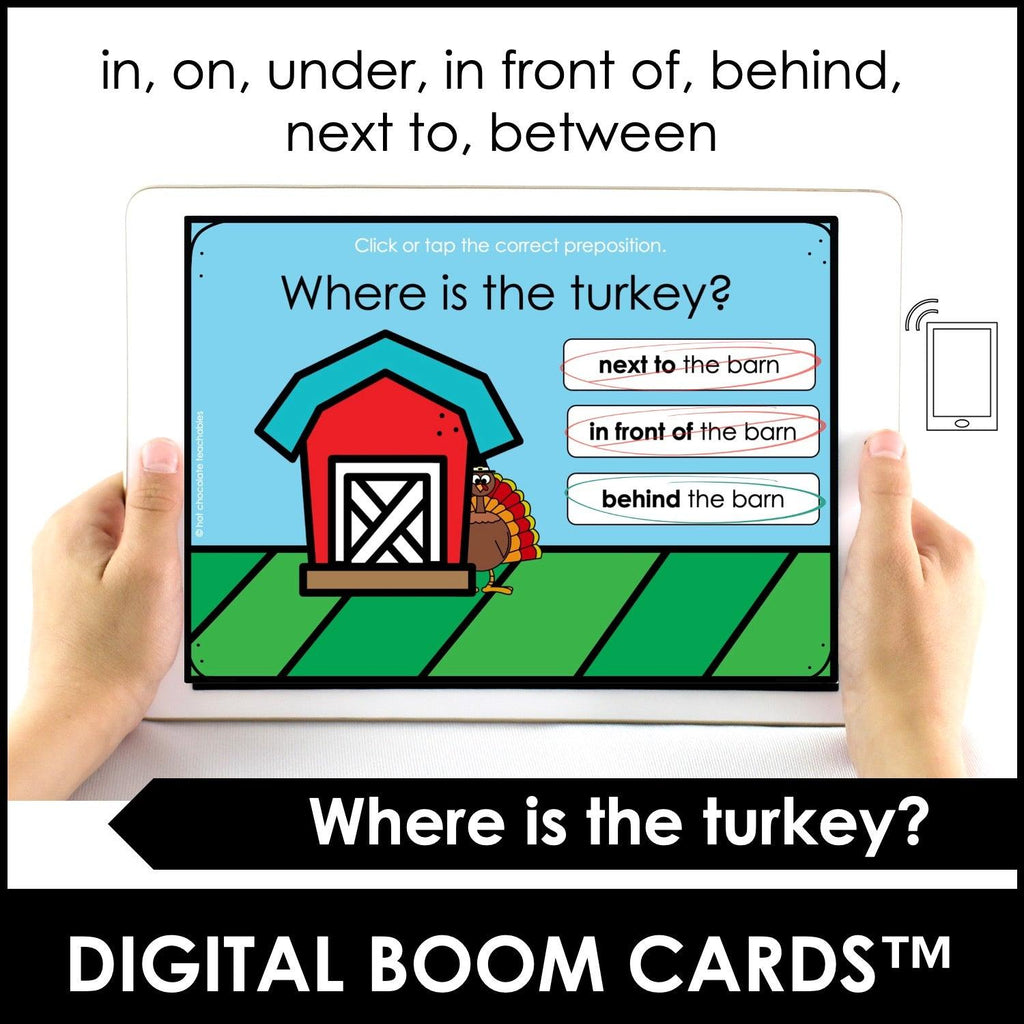Thanksgiving Prepositions of Place BOOM CARDS - Hot Chocolate Teachables