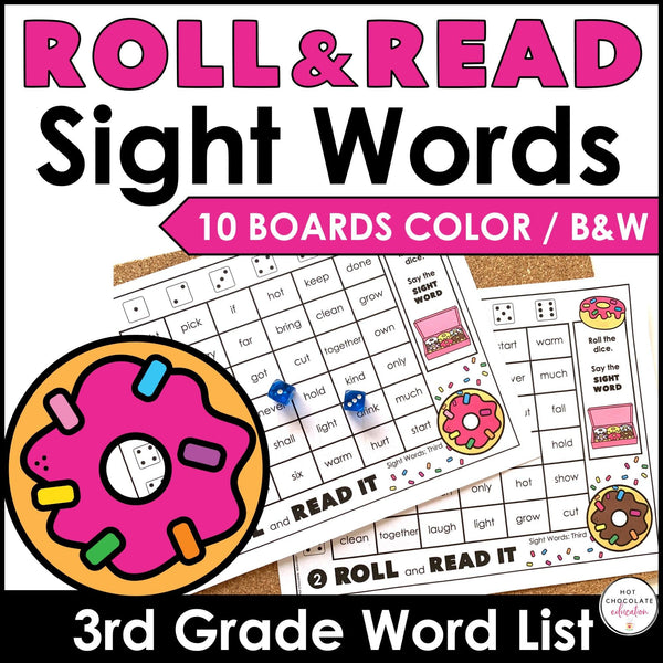 THIRD GRADE Sight Words Roll & Read Activity Boards - Dolch List - Hot Chocolate Teachables