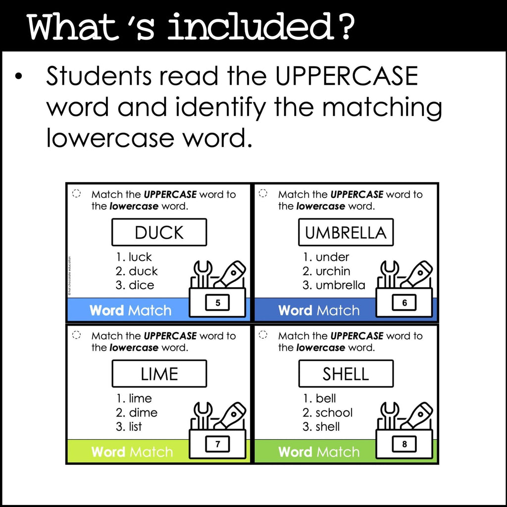 Uppercase & Lowercase Word Identification Task Cards - Alphabet Recognition - Hot Chocolate Teachables