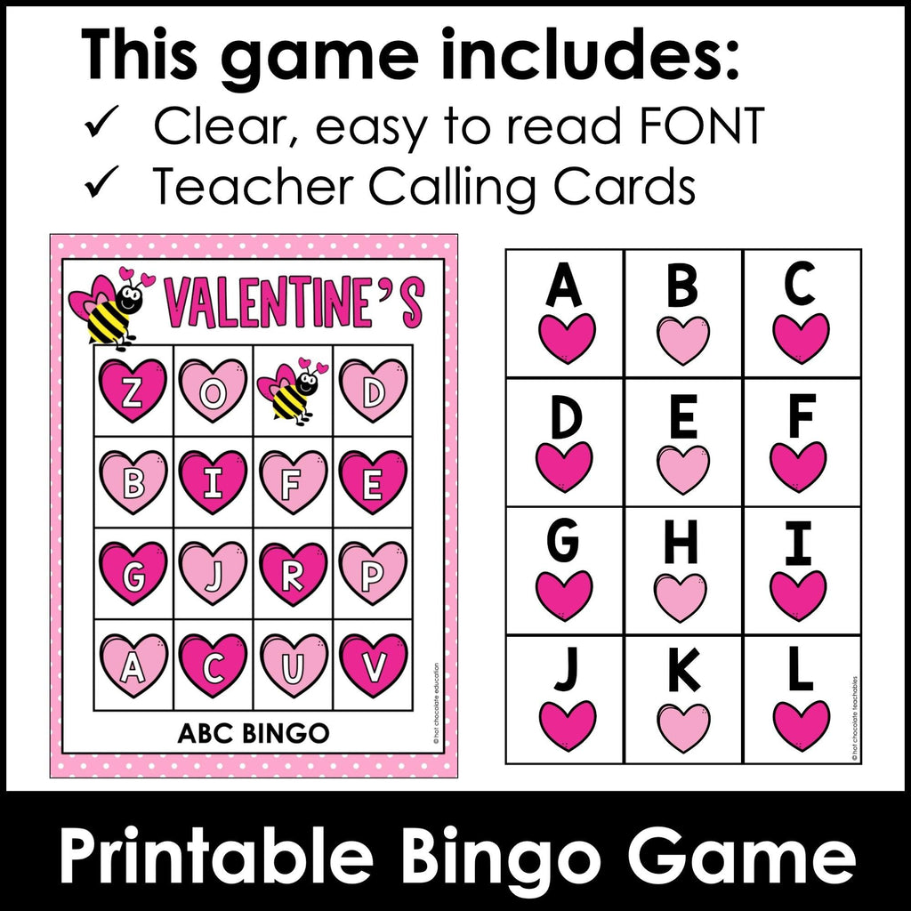 Valentine's Alphabet Bingo Game - Uppercase Letters A through Z - Hot Chocolate Teachables