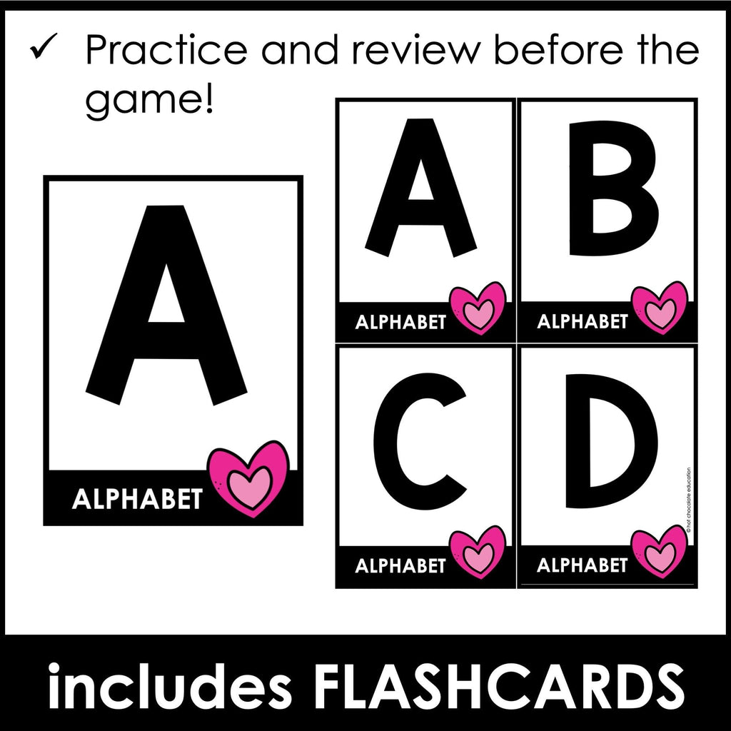 Valentine's Alphabet Bingo Game - Uppercase Letters A through Z - Hot Chocolate Teachables