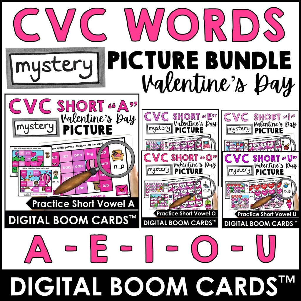 Valentine's Day CVC Word Bundle : Boom Cards to Practice Short Vowels A, E, I, O, U - Hot Chocolate Teachables