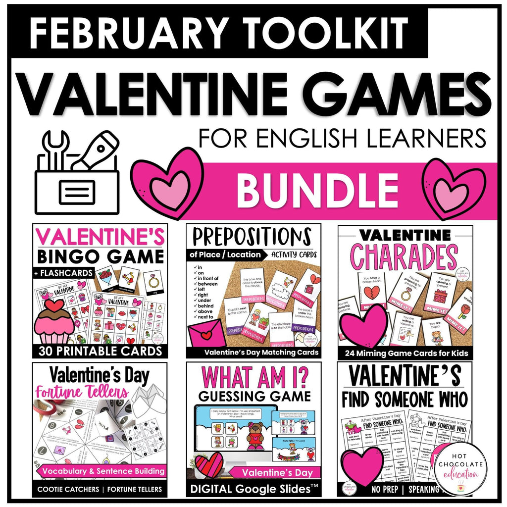 Valentine's Day Party Games & Activity Bundle - Valentine Grammar & Vocabulary - Hot Chocolate Teachables