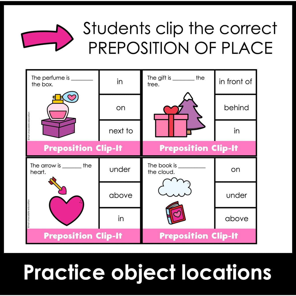 Valentine's Day Prepositions of Location and Spatial Concepts Activity Cards - Hot Chocolate Teachables