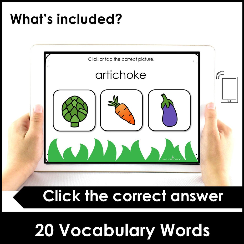 Vegetable Vocabulary BOOM CARDS™ Interactive Digital Task Cards - Hot Chocolate Teachables