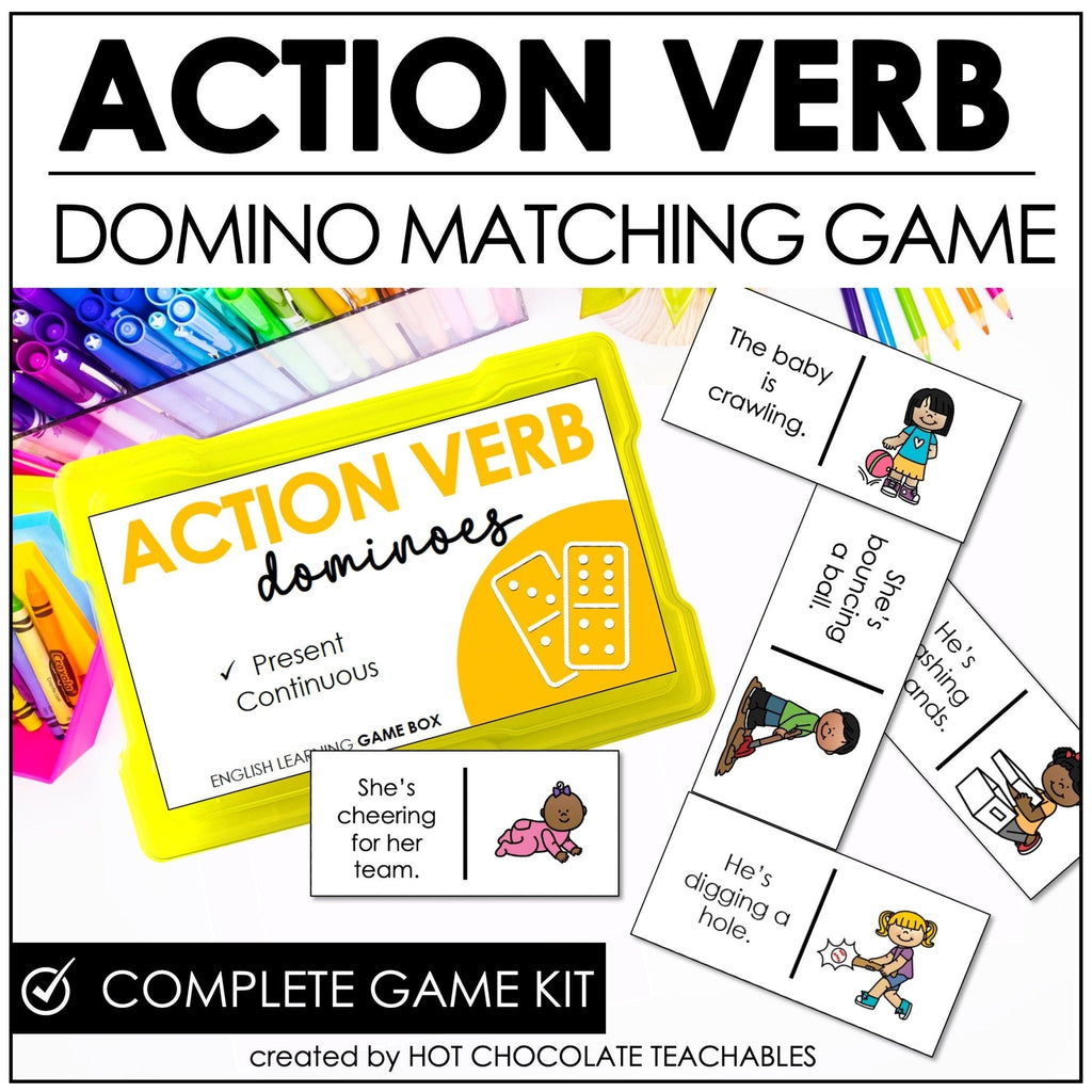 VERB Dominoes Game : Actions Verbs | Present Continuous | Present Progressive - Hot Chocolate Teachables