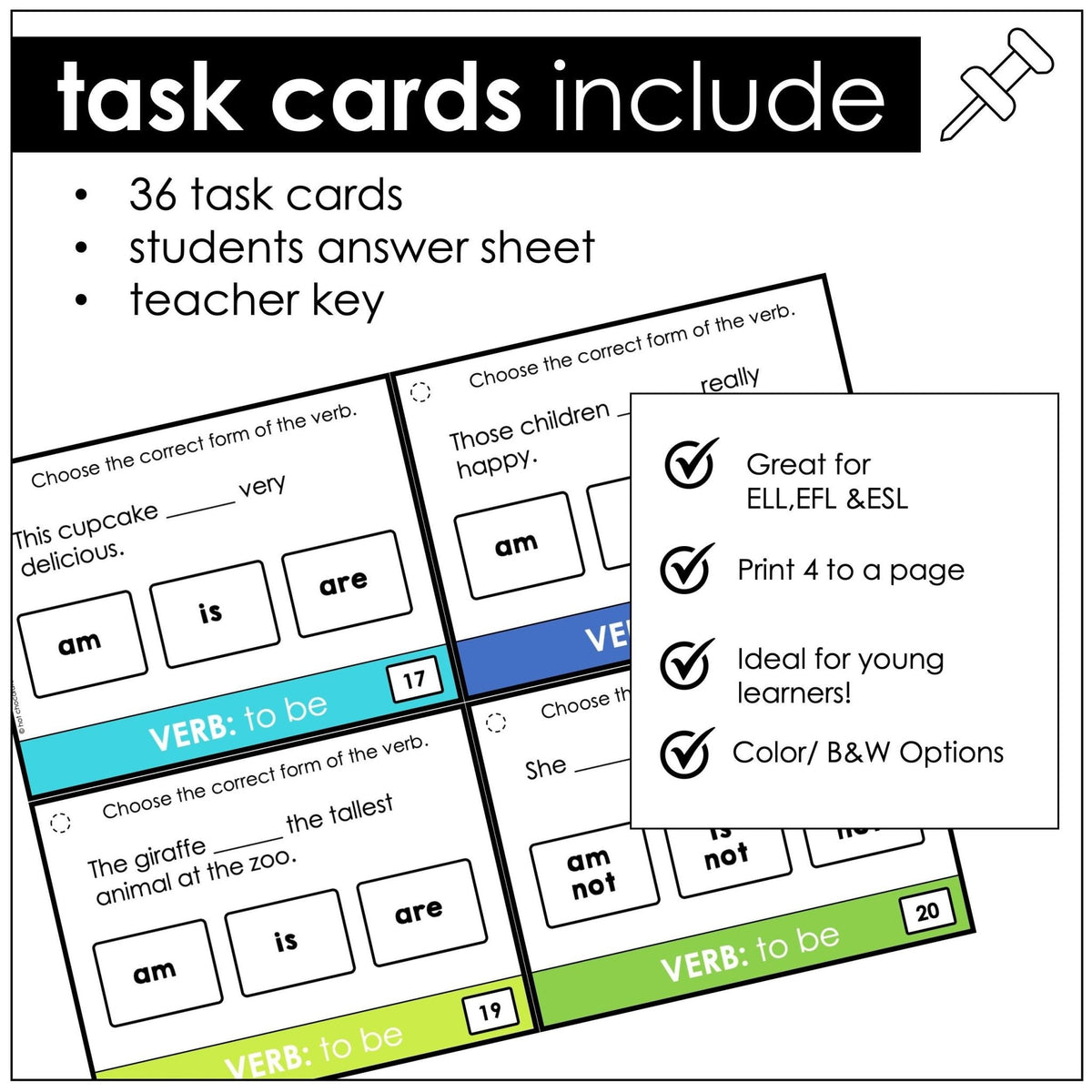 I Am Simble Present Simple Verb Agreement Task Cards for AM, IS, ARE
