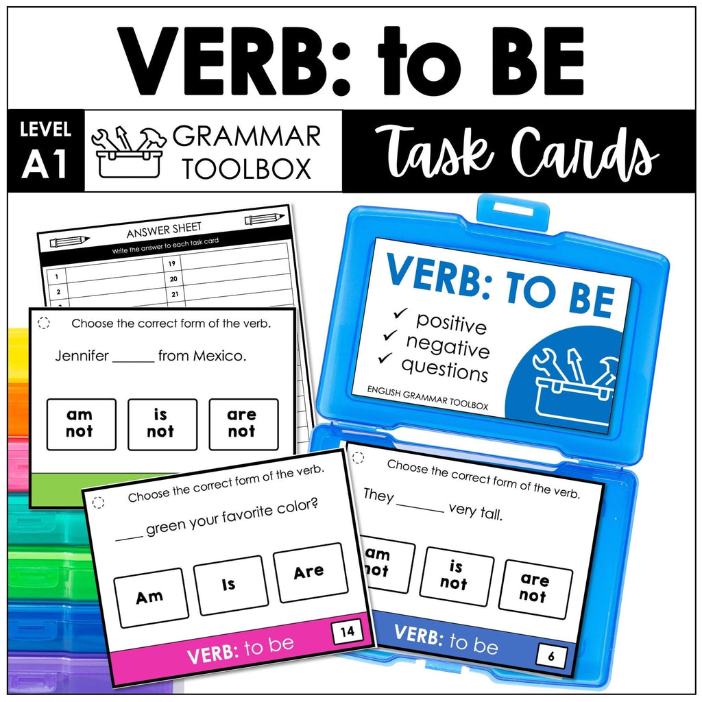 VERB: TO BE - Present Simple Subject Verb Agreement Task Cards - AM, IS, ARE - Hot Chocolate Teachables