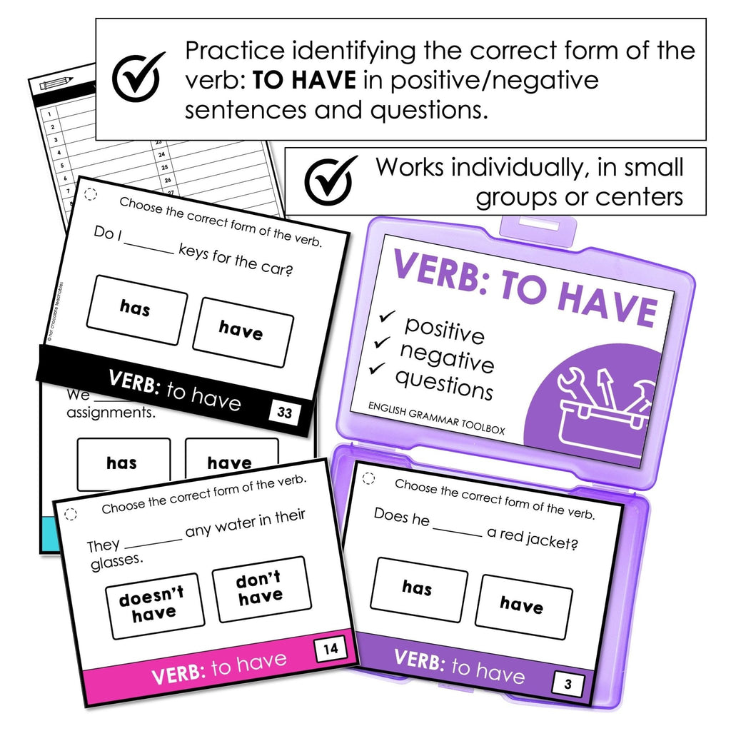 VERB: TO HAVE - Present Simple Subject Verb Agreement Task Cards - HAS - HAVE - Hot Chocolate Teachables