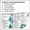 Verbs Board Game | Choose a tense and change the verb | Present Past & Future - Hot Chocolate Teachables