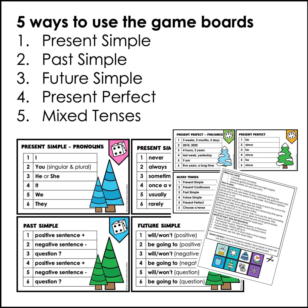 Verbs Board Game | Choose a tense and change the verb | Present Past & Future - Hot Chocolate Teachables