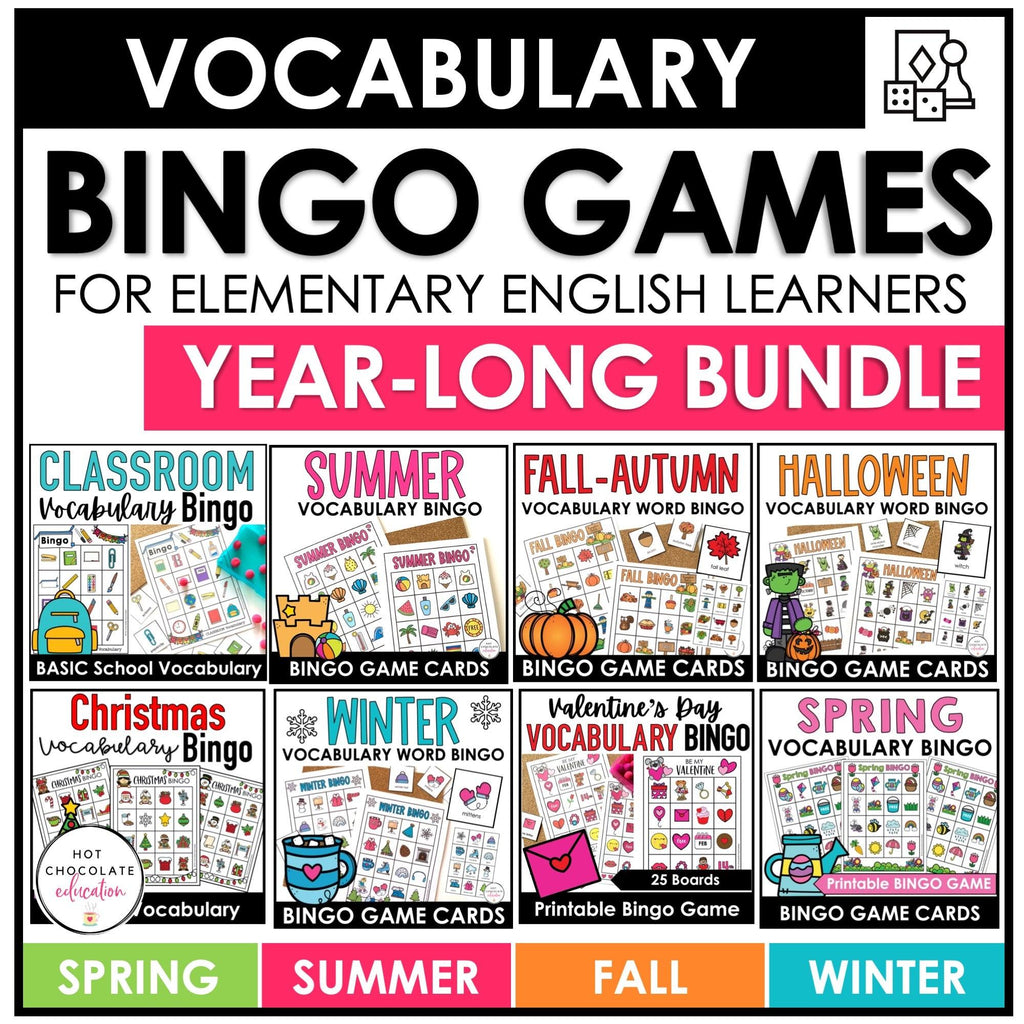 Vocabulary Bingo Game BUNDLE: Spring Summer Fall Winter - Seasonal Vocabulary - Hot Chocolate Teachables