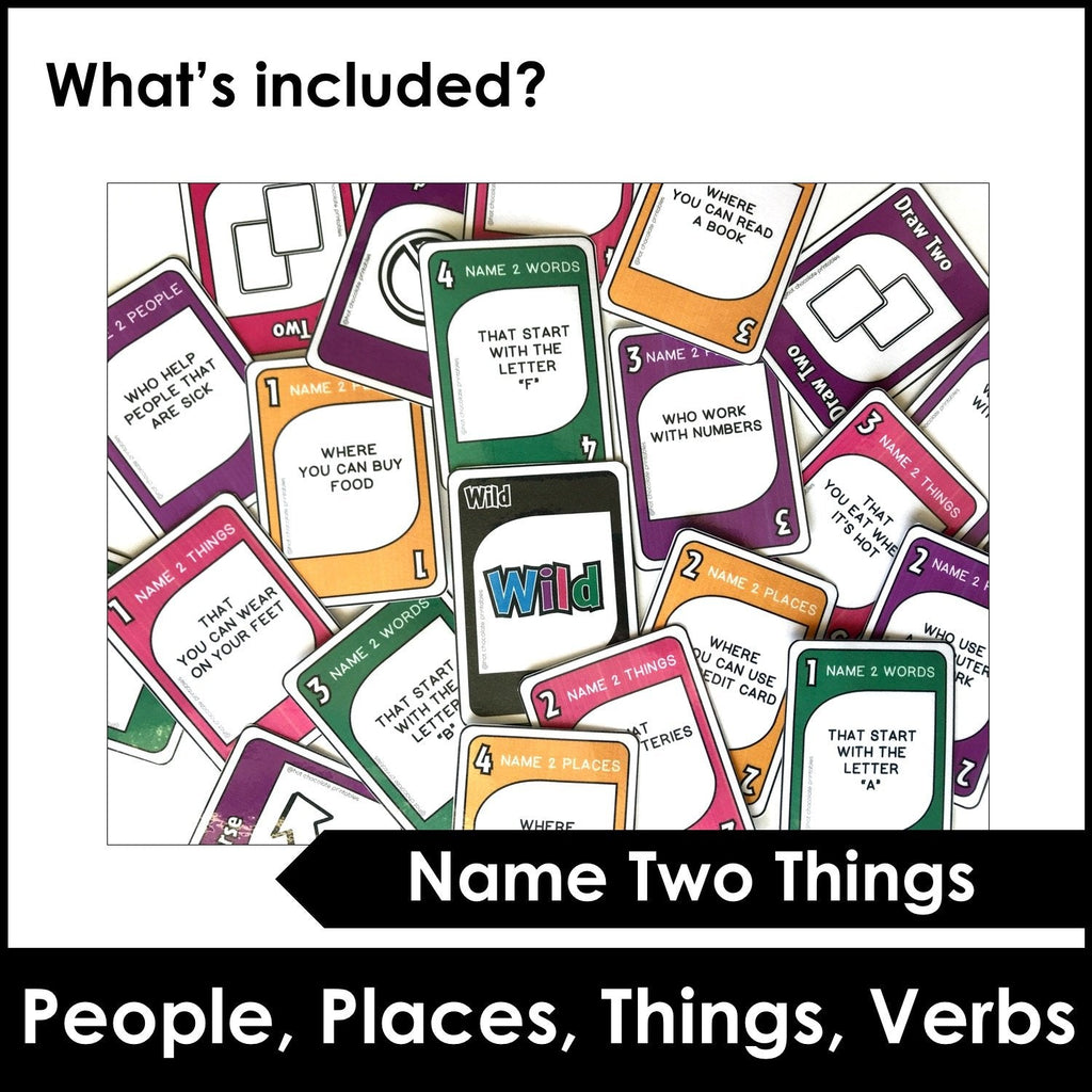 Vocabulary Building Card Game : Name Two People, Places, Things, Verbs - Hot Chocolate Teachables