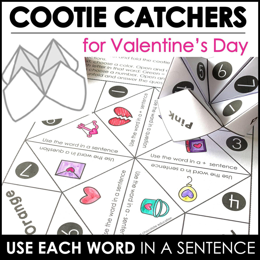 Vocabulary & Sentence Building Fortune Tellers / Cootie Catcher Valentine's Day - Hot Chocolate Teachables
