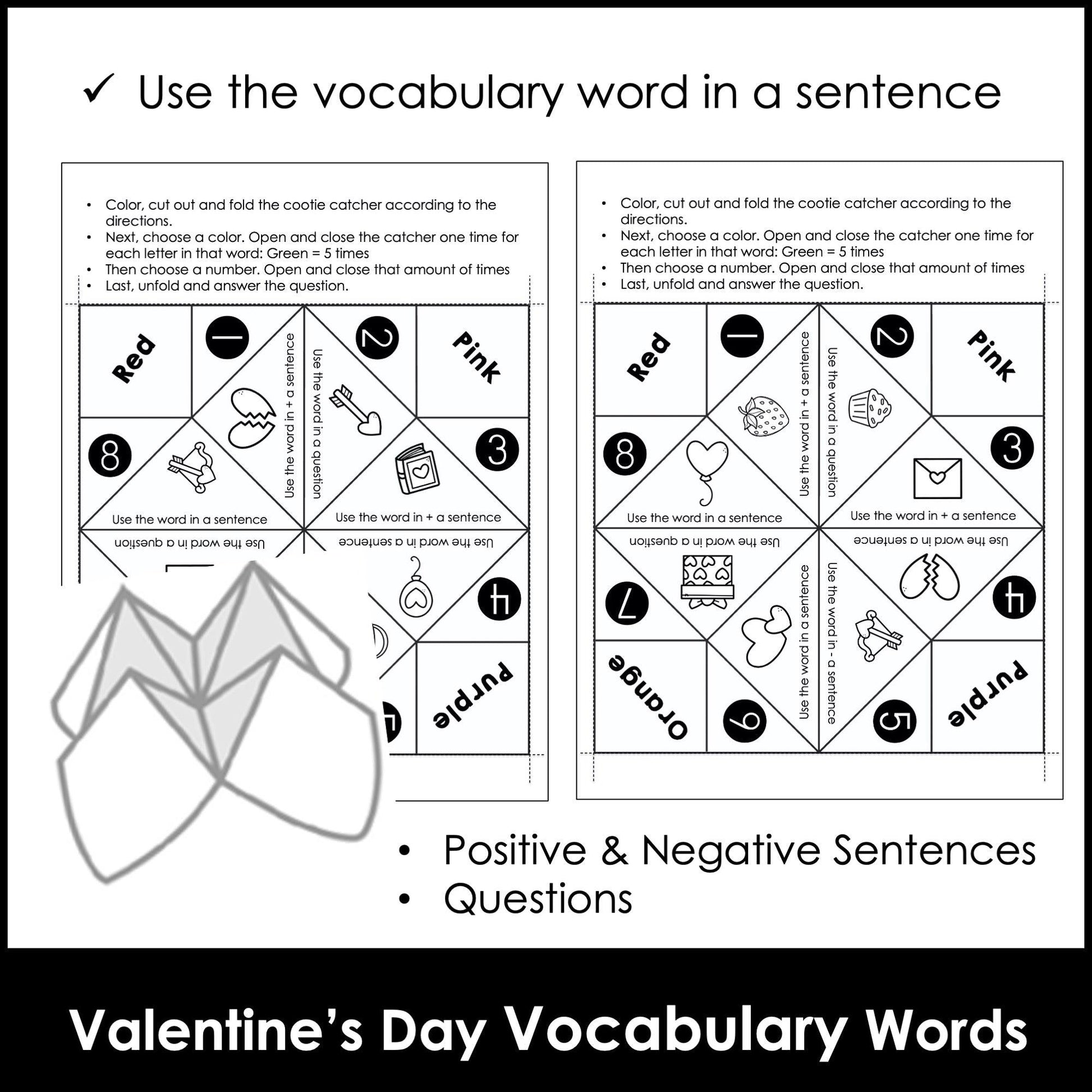 Vocabulary & Sentence Building Fortune Tellers / Cootie Catcher Valentine's Day - Hot Chocolate Teachables
