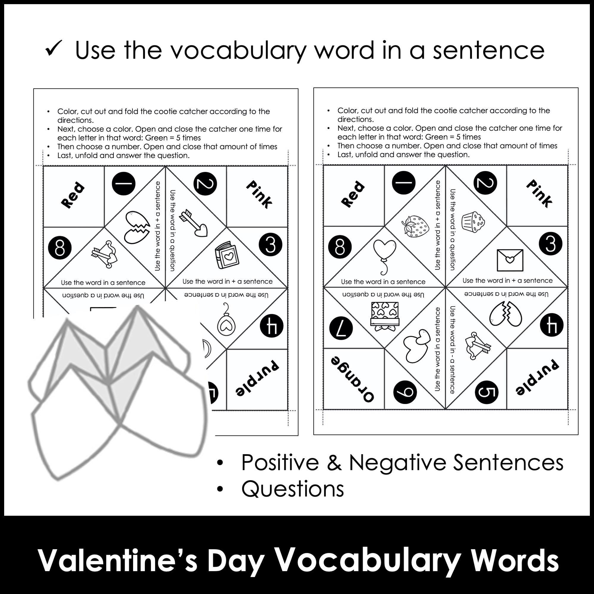 Vocabulary & Sentence Building Fortune Tellers / Cootie Catcher Valentine's Day - Hot Chocolate Teachables