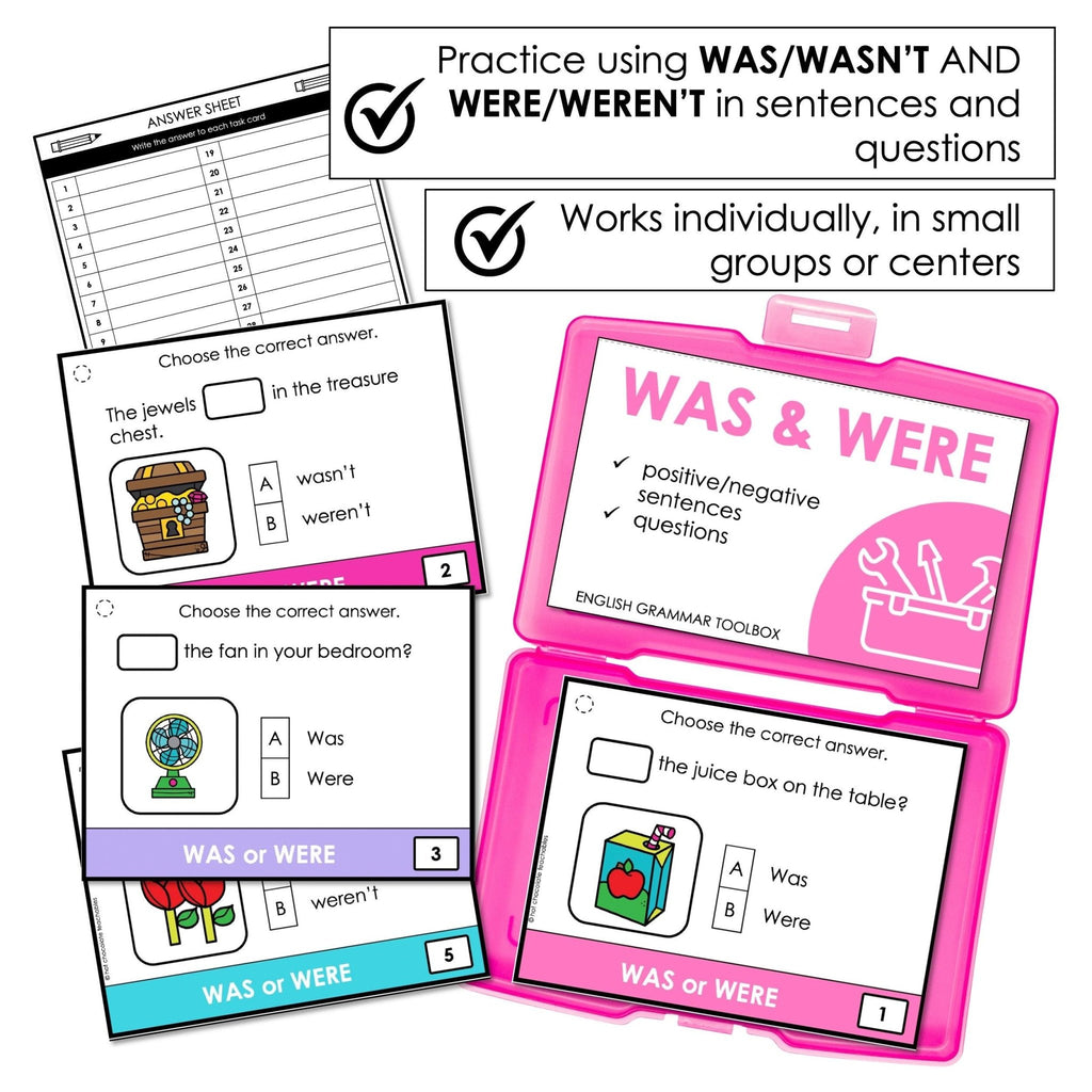 Was & Were Task Cards - Past Tense Subject Verb Agreement in Sentences - Hot Chocolate Teachables