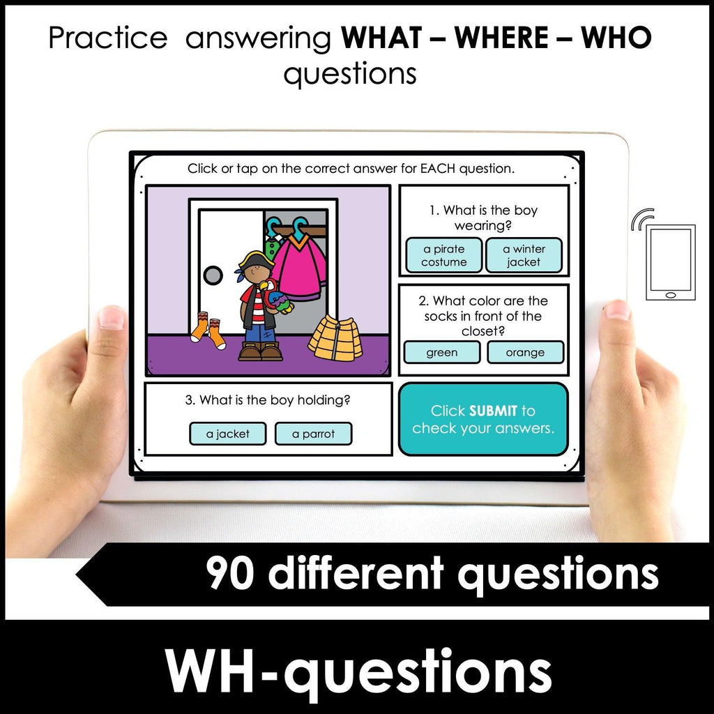WH-Question Comprehension Boom Cards | What, Where, Who - Hot Chocolate Teachables