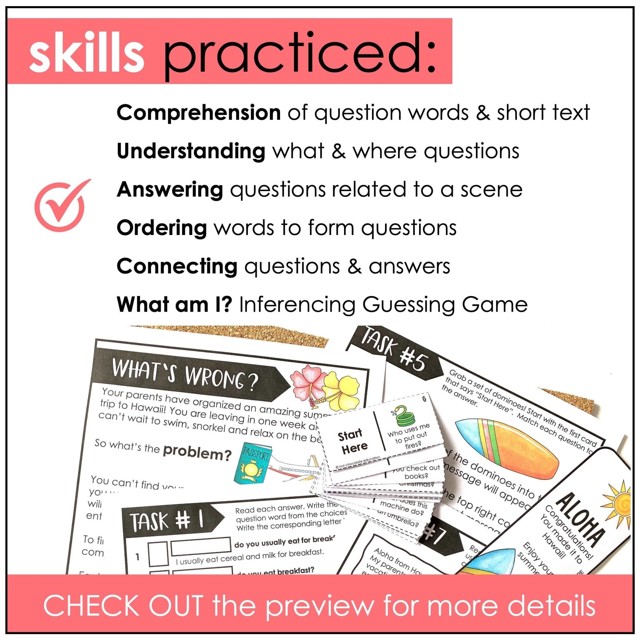 WH Question Escape Activity for ELL, EFL, ESL / Question Word Comprehension - Hot Chocolate Teachables