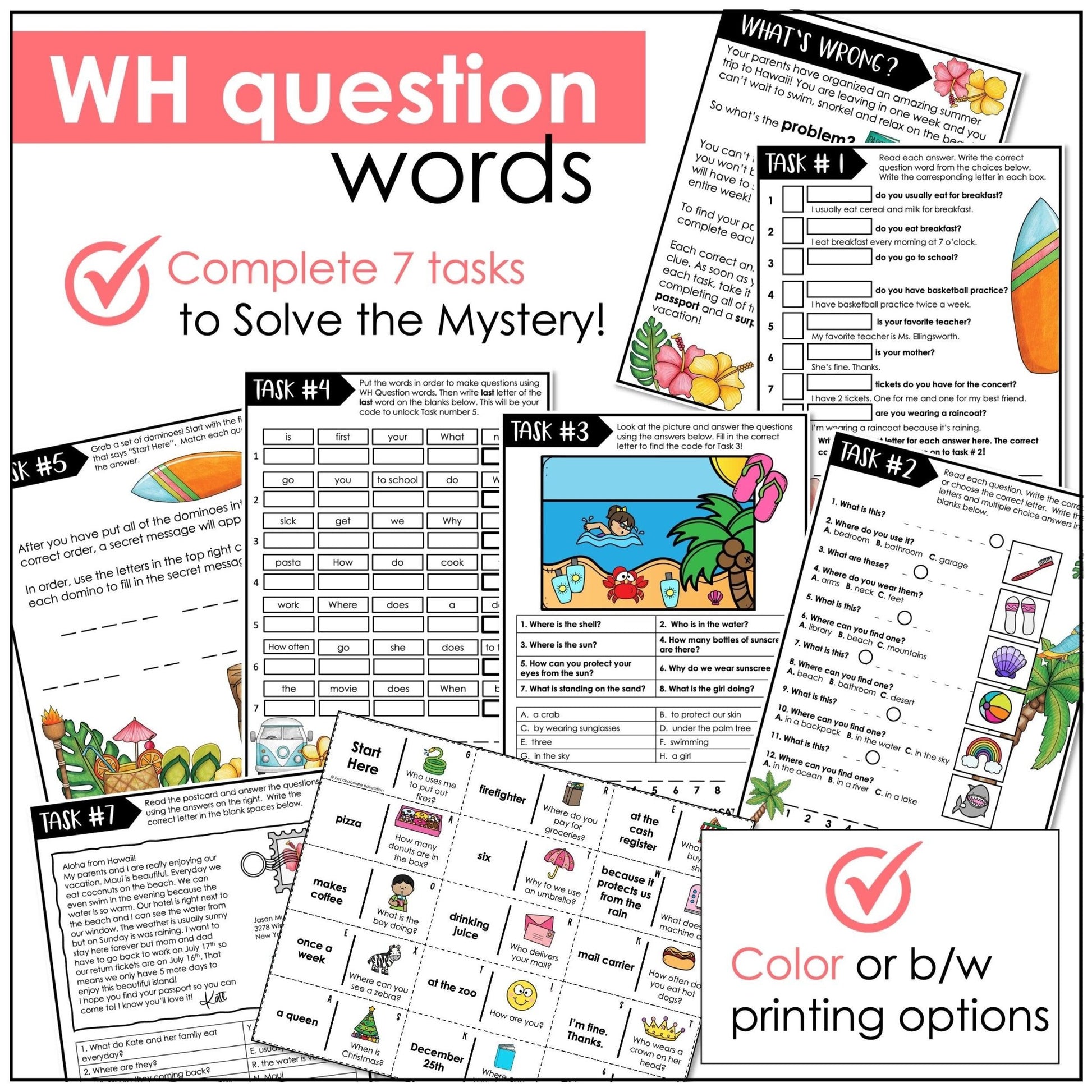 WH Question Comprehension Escape Activity for ESL learners