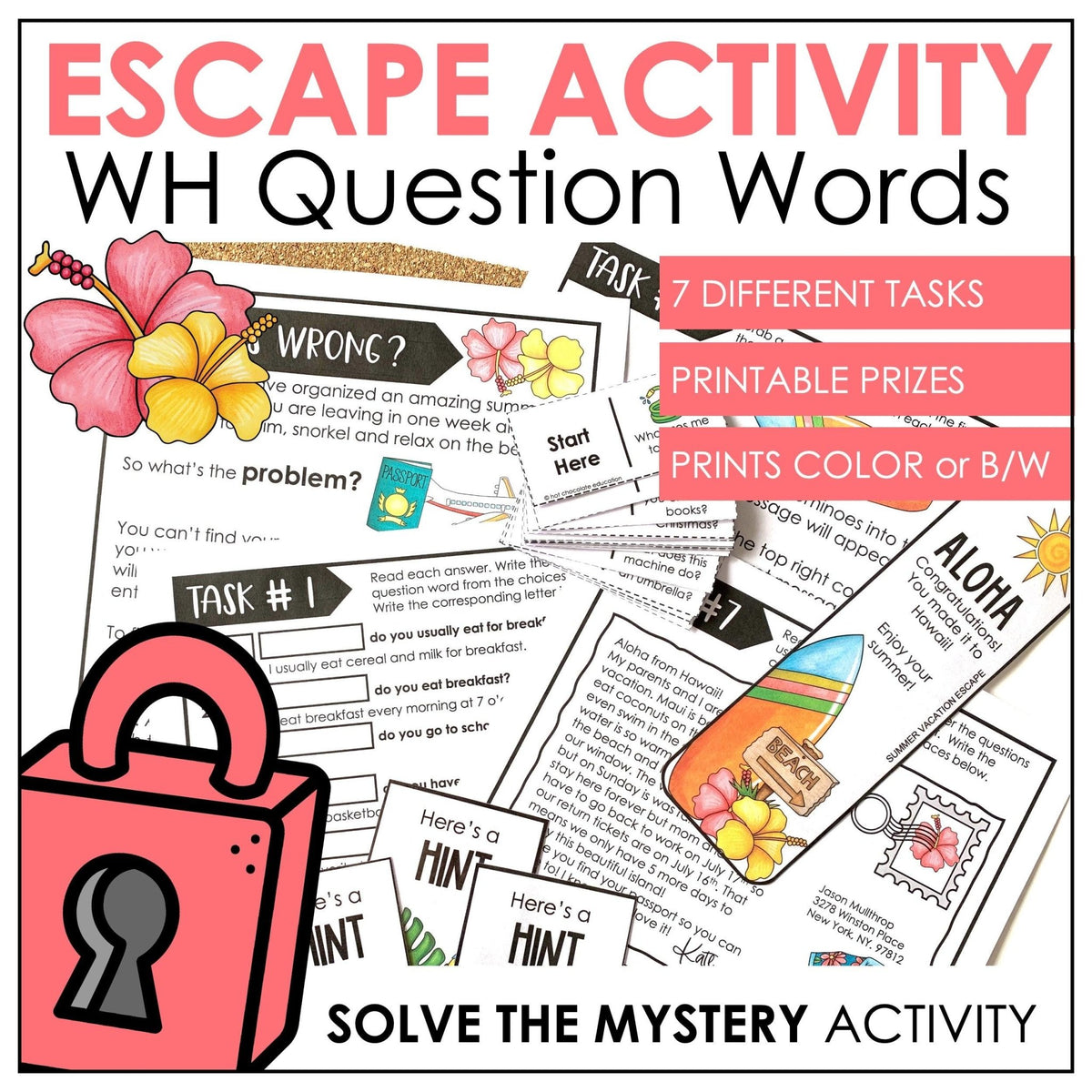 WH Question Comprehension Escape Activity for ESL learners