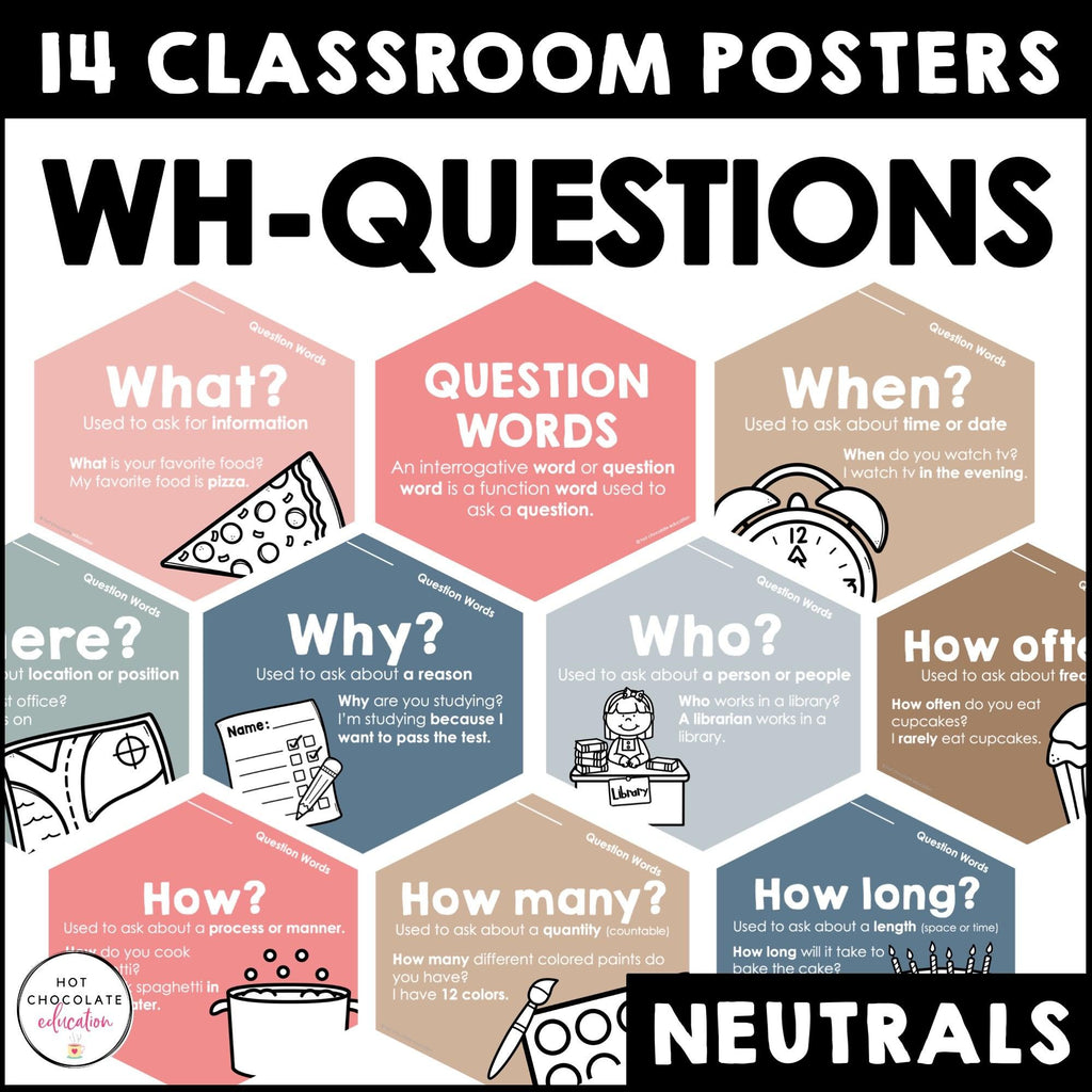 WH Question Word Posters: ESL Grammar Bulletin Board - Neutral Classroom Decor - Hot Chocolate Teachables