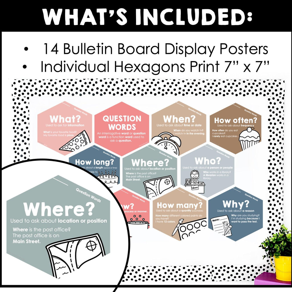 WH Question Word Posters: ESL Grammar Bulletin Board - Neutral Classroom Decor - Hot Chocolate Teachables