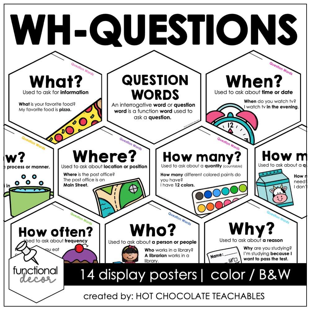 WH question word posters for ESL students featuring what, when, where, who, why, how often, how much and how many