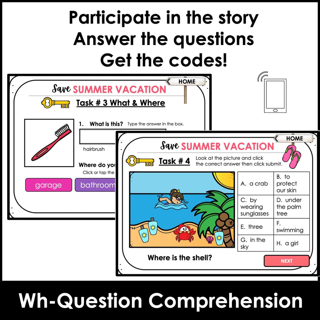 Wh Questions Digital Escape Boom Cards - What, Where, When, Why, Who, How - Hot Chocolate Teachables