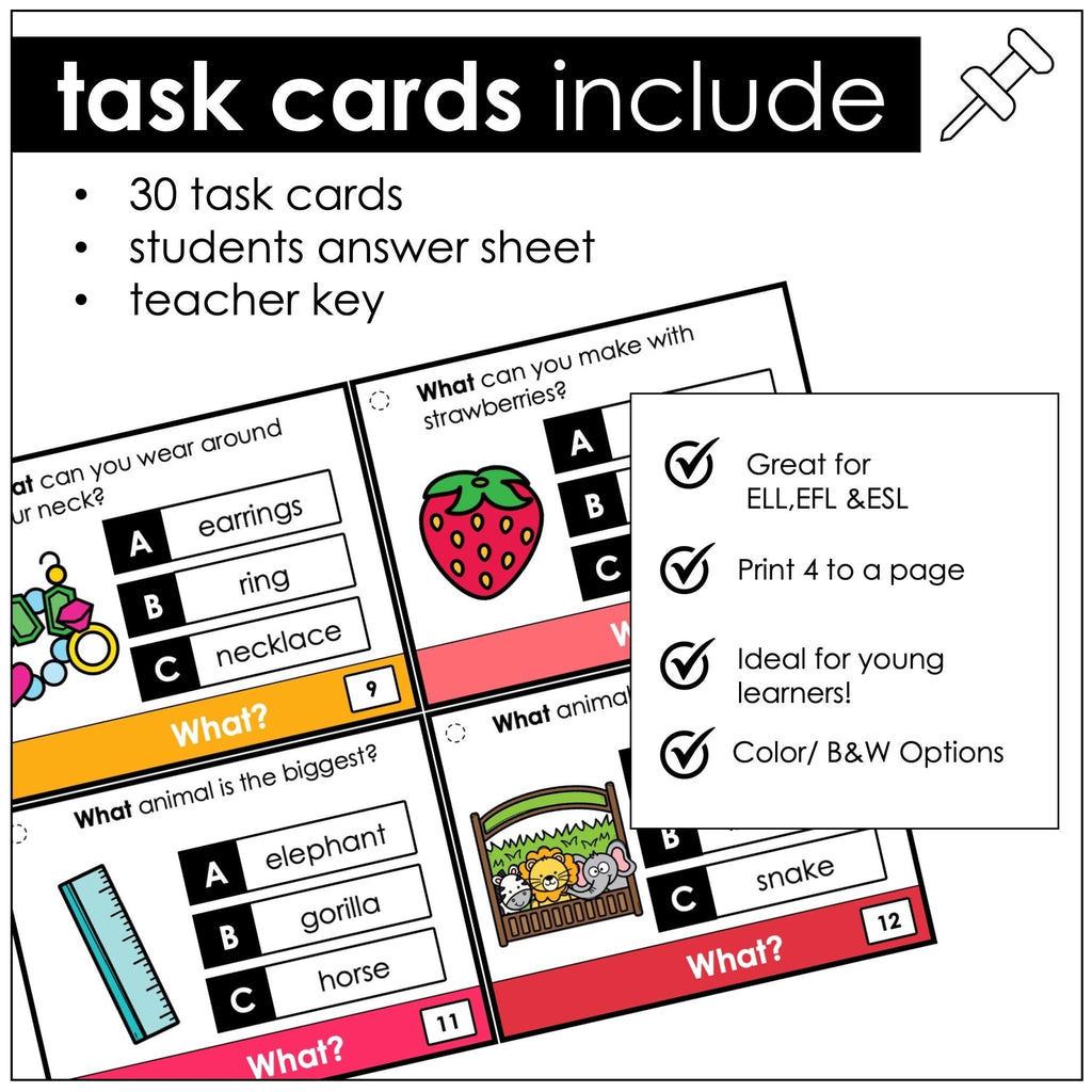 WHAT Questions - WH Question Word Comprehension Task Cards - Hot Chocolate Teachables