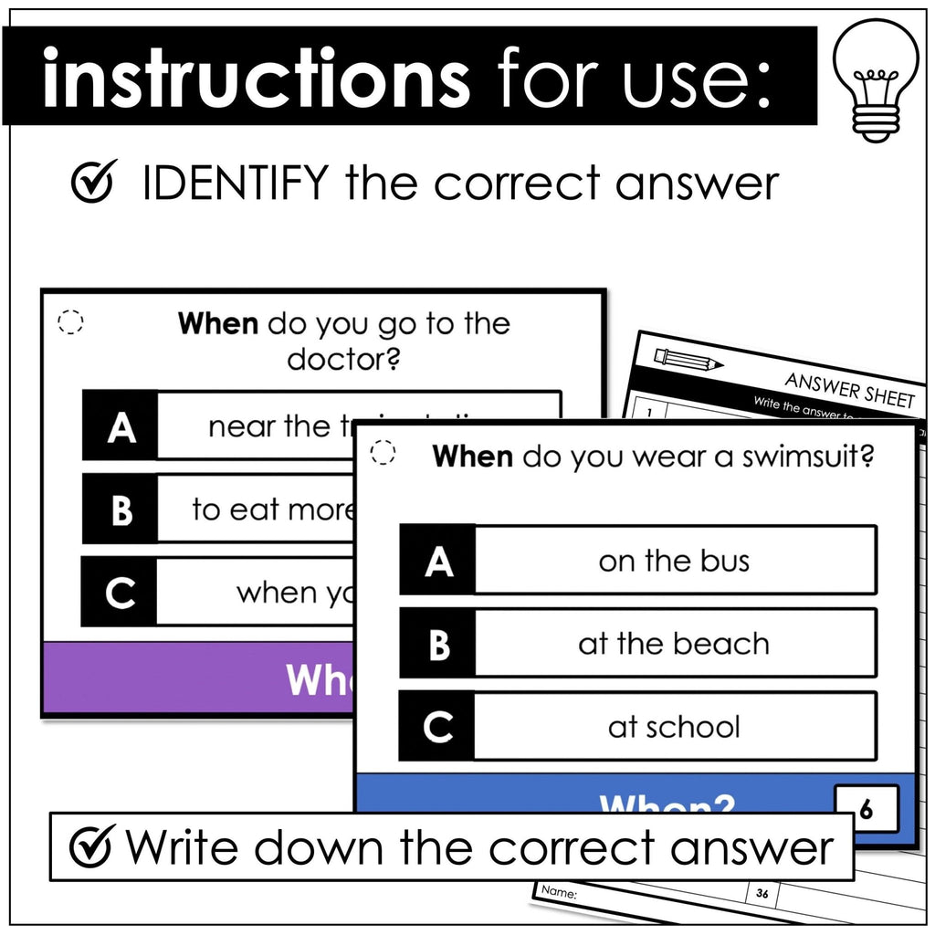 WHEN Questions - WH Question Word Comprehension Task Cards - Hot Chocolate Teachables