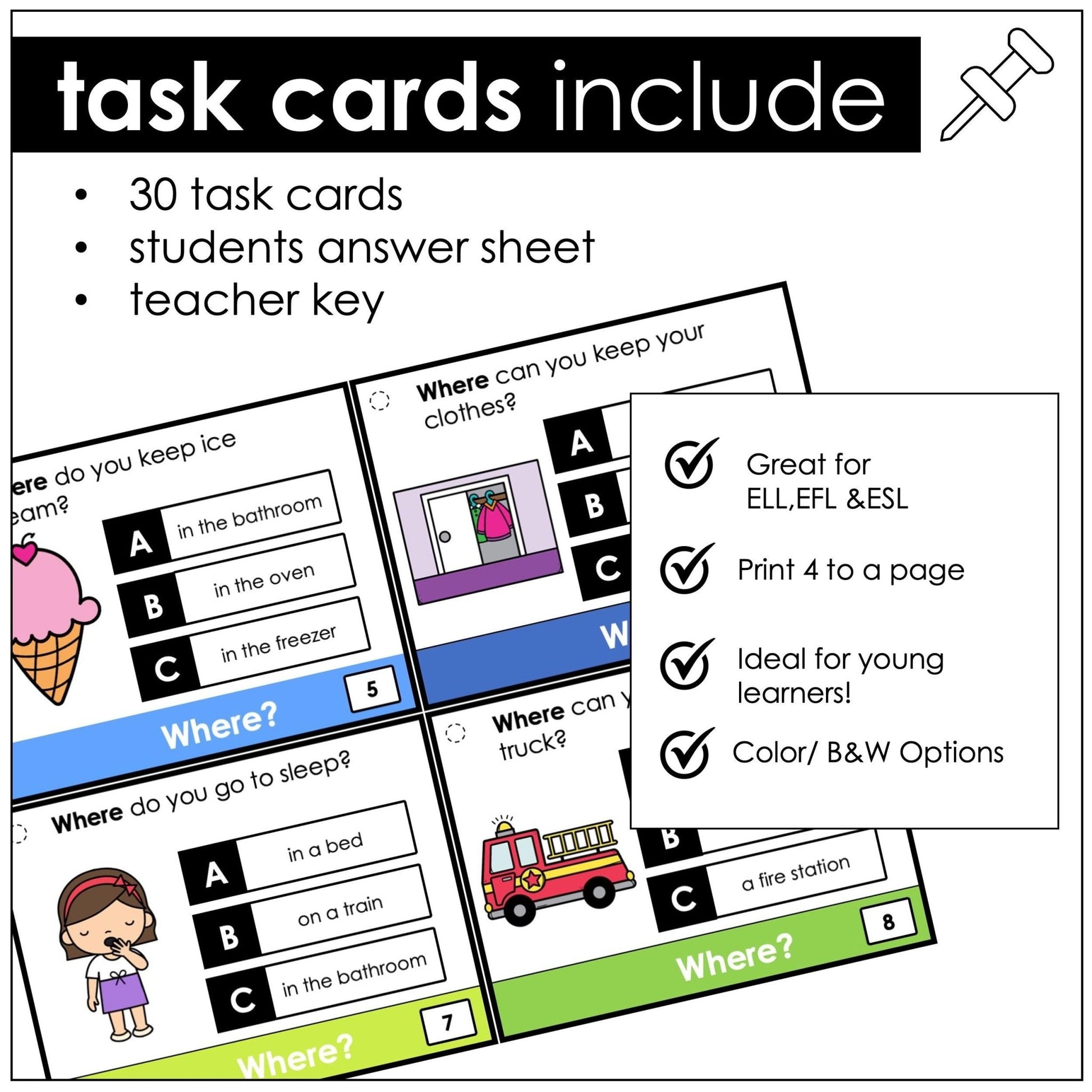 WHERE Questions - WH Question Comprehension Task Cards