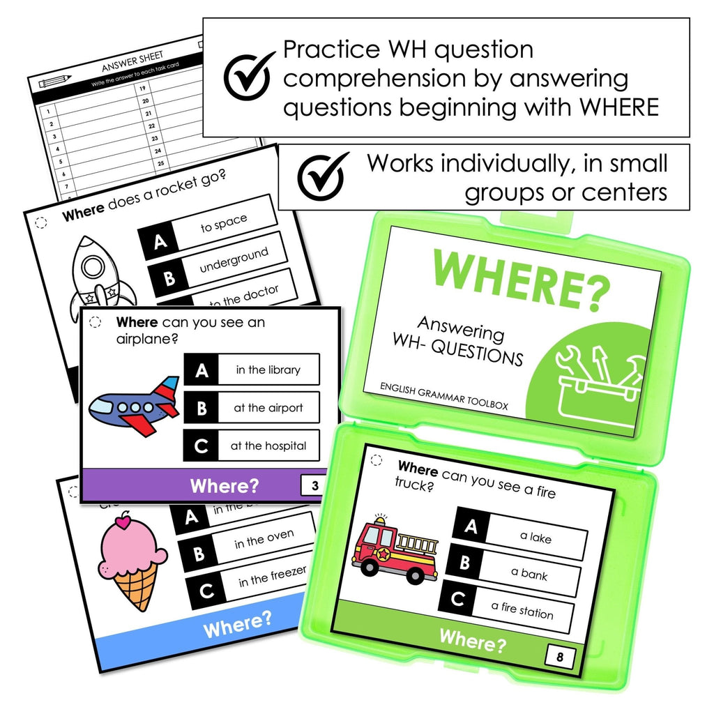 WHERE Questions - WH Question Comprehension Task Cards - Hot Chocolate Teachables