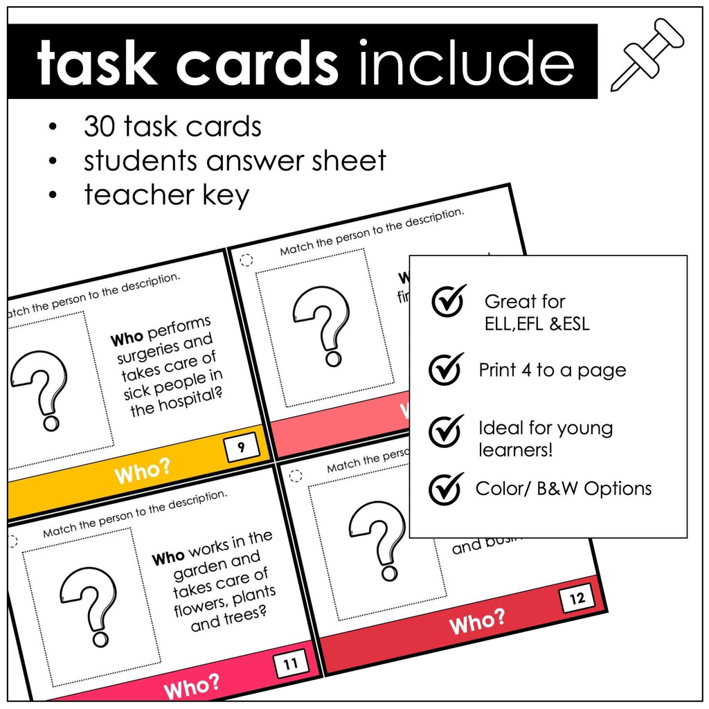 WHO Questions - WH Question Word Task Cards with Community Helpers - Hot Chocolate Teachables